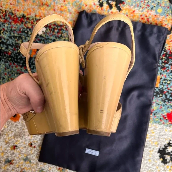 Prada Nude Patent Wedge Heel Sandals - Picture 4 of 8